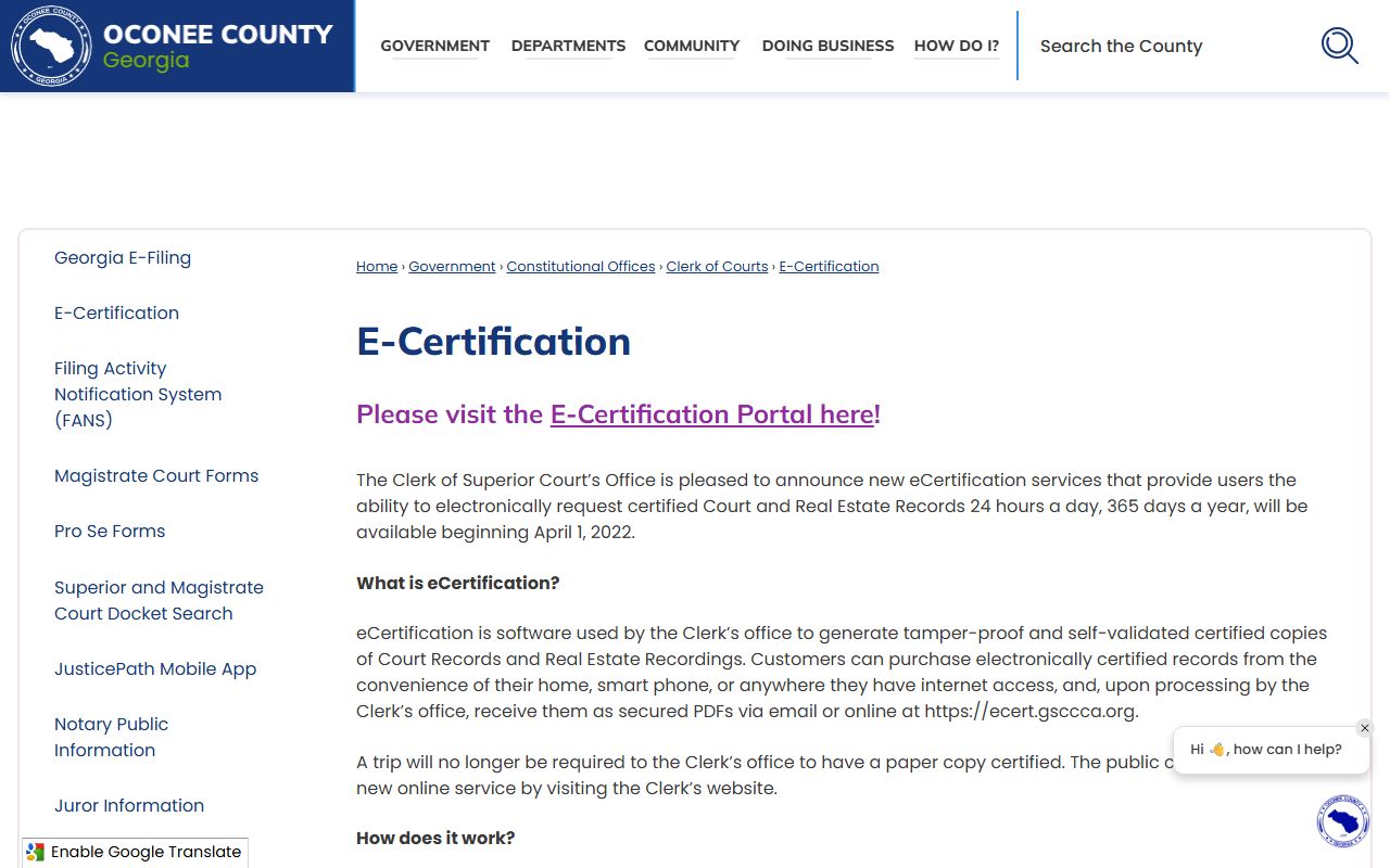 Oconee County court records eCertification page
