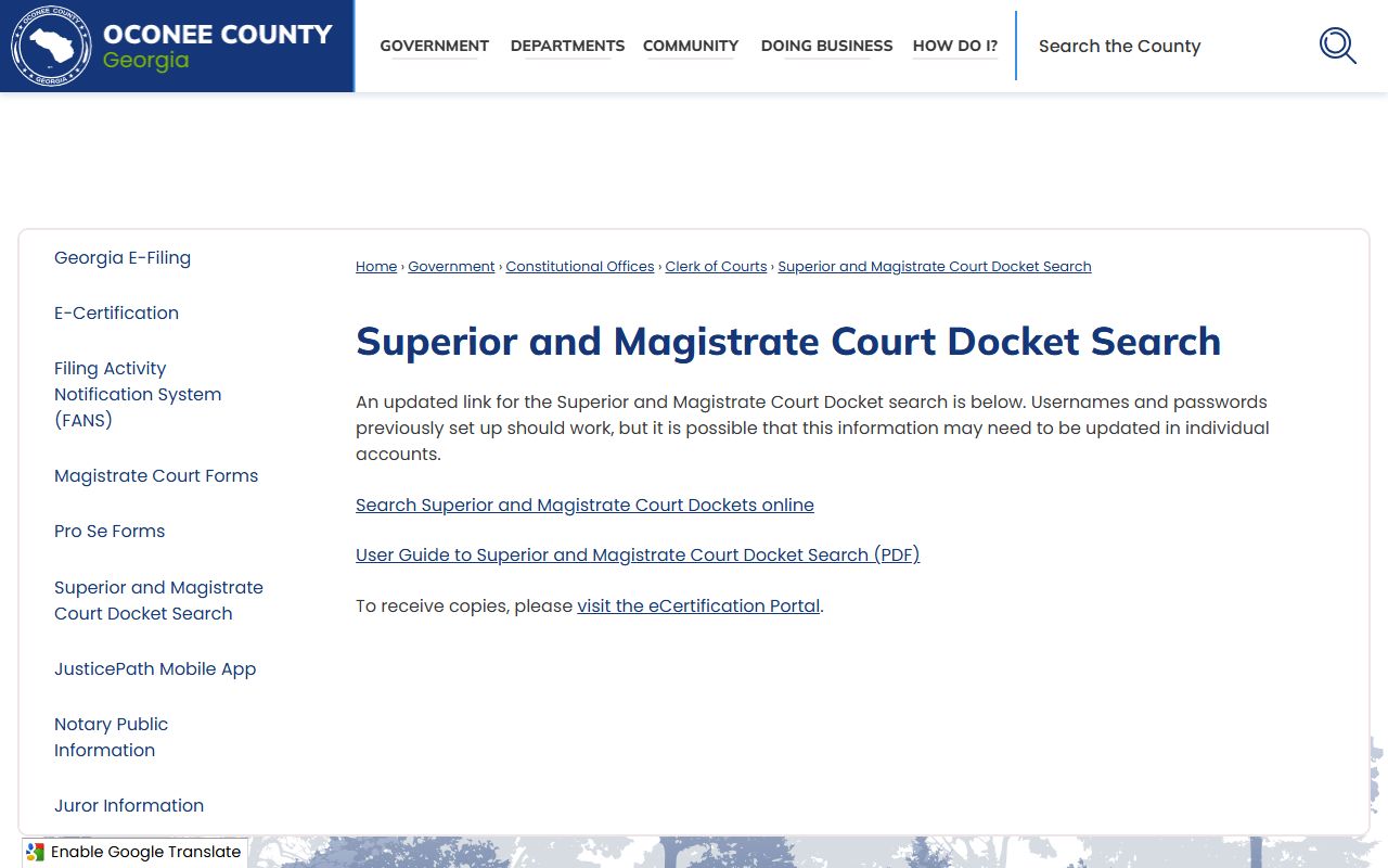 Oconee County court records docket search page
